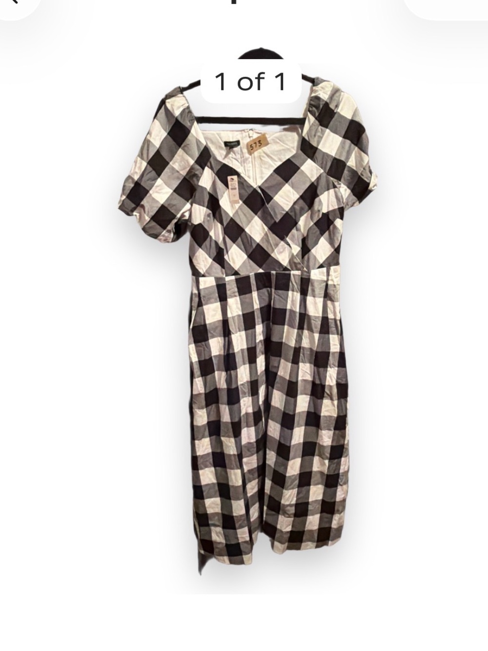 Talbots Black and White Gingham Puff-Sleeve Dress